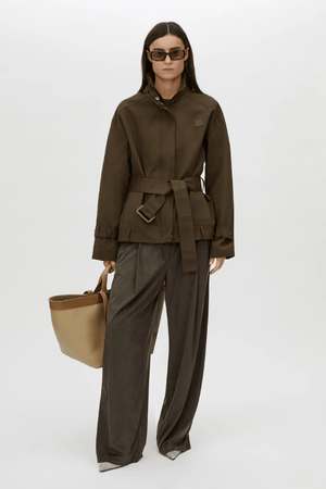 Aileron Bomber Trench in Cypress by Camilla and Marc, zip-through bomber-style trench, branded leather patch, pleated front and back, topstitched belt with pewter buckle, made from 100% cotton and 100% recycled polyester lining.