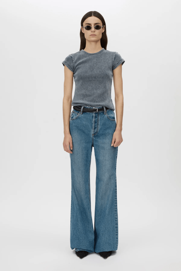 Brynn Denim Jean in Classic Blue by Camilla and Marc, high-waisted, flared-leg silhouette with a super high-rise fit, five-pocket design, and logo shank button.