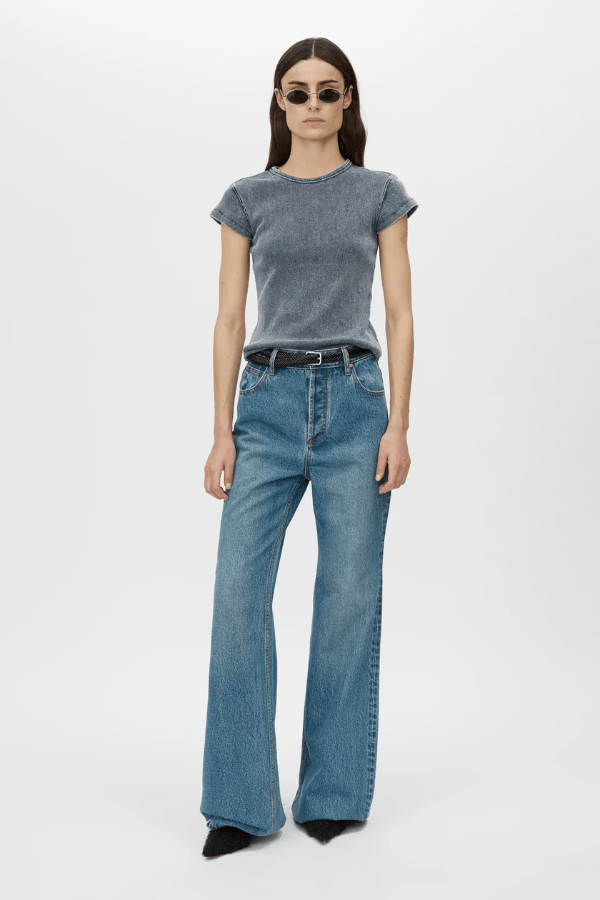Brynn Denim Jean in Classic Blue by Camilla and Marc, high-waisted, flared-leg silhouette with a super high-rise fit, five-pocket design, and logo shank button.