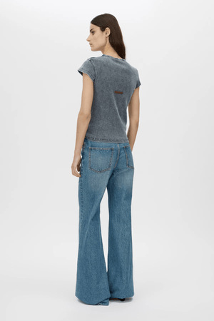 Brynn Denim Jean in Classic Blue by Camilla and Marc, high-waisted, flared-leg silhouette with a super high-rise fit, five-pocket design, and logo shank button.
