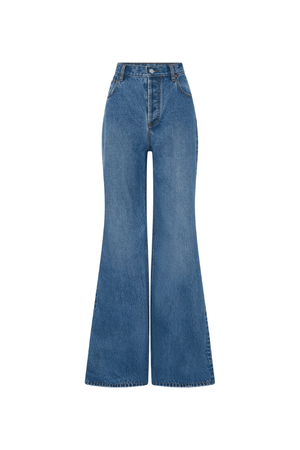 Brynn Denim Jean in Classic Blue by Camilla and Marc, high-waisted, flared-leg silhouette with a super high-rise fit, five-pocket design, and logo shank button.