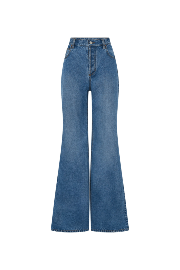 Brynn Denim Jean in Classic Blue by Camilla and Marc, high-waisted, flared-leg silhouette with a super high-rise fit, five-pocket design, and logo shank button.