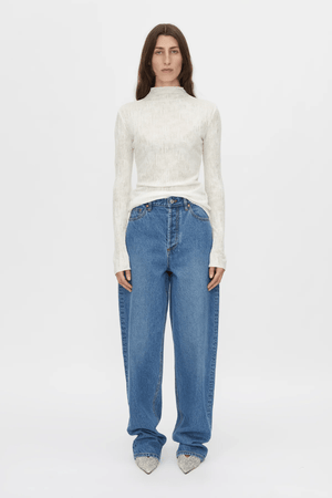 Daya Long Sleeve Top in Cream by Camilla and Marc, fitted funnel neck top with clean lines, high neckline, and baylock finishing, made from 60% acrylic, 20% wool, and 20% nylon.