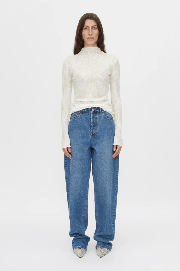 Daya Long Sleeve Top in Cream by Camilla and Marc, fitted funnel neck top with clean lines, high neckline, and baylock finishing, made from 60% acrylic, 20% wool, and 20% nylon.