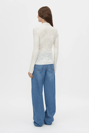 Daya Long Sleeve Top in Cream by Camilla and Marc, fitted funnel neck top with clean lines, high neckline, and baylock finishing, made from 60% acrylic, 20% wool, and 20% nylon.