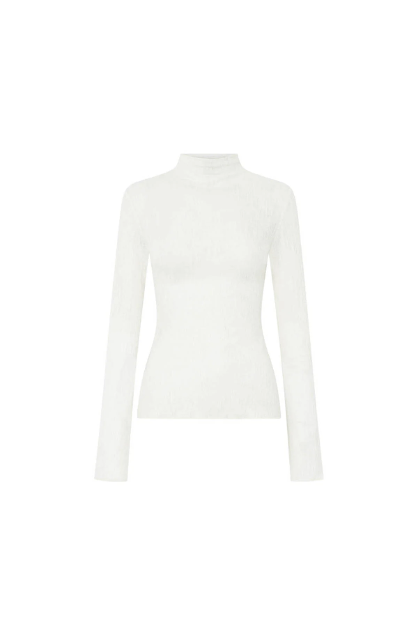 Daya Long Sleeve Top in Cream by Camilla and Marc, fitted funnel neck top with clean lines, high neckline, and baylock finishing, made from 60% acrylic, 20% wool, and 20% nylon.