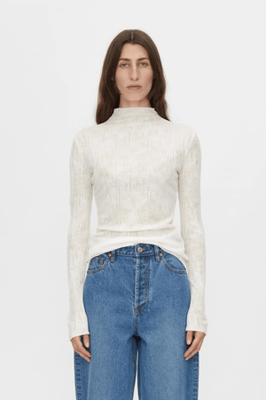 Daya Long Sleeve Top in Cream by Camilla and Marc, fitted funnel neck top with clean lines, high neckline, and baylock finishing, made from 60% acrylic, 20% wool, and 20% nylon.