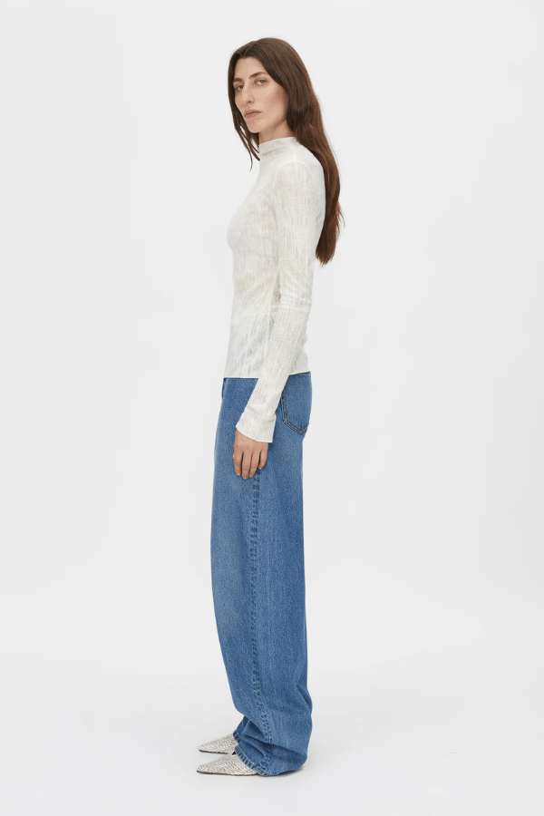 Daya Long Sleeve Top in Cream by Camilla and Marc, fitted funnel neck top with clean lines, high neckline, and baylock finishing, made from 60% acrylic, 20% wool, and 20% nylon.