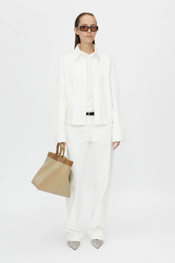 Eva Denim Shirt in Salt White by Camilla and Marc, a relaxed 100% cotton shirt with logo corozo buttons and embossed monogram. Perfect for chic layering.