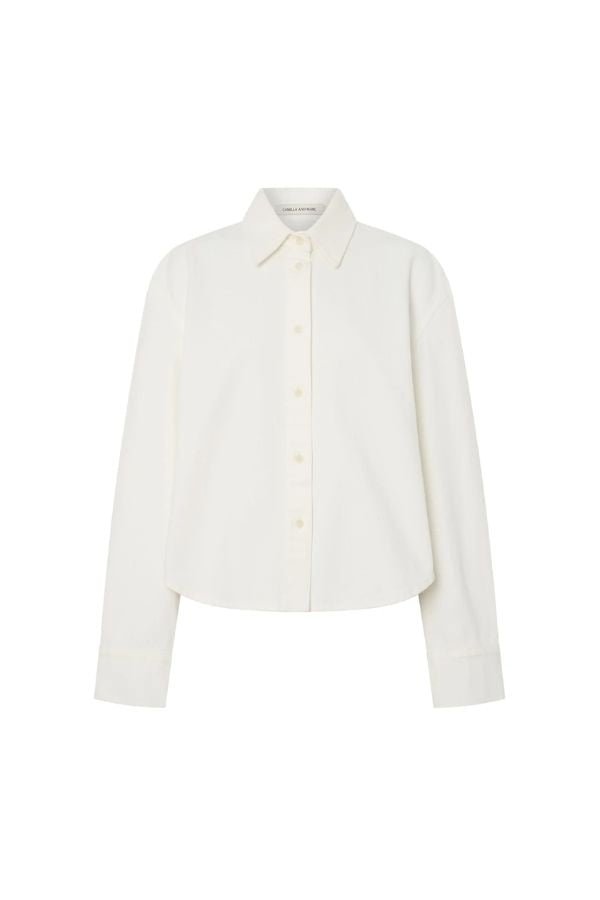 Eva Denim Shirt in Salt White by Camilla and Marc, a relaxed 100% cotton shirt with logo corozo buttons and embossed monogram. Perfect for chic layering.