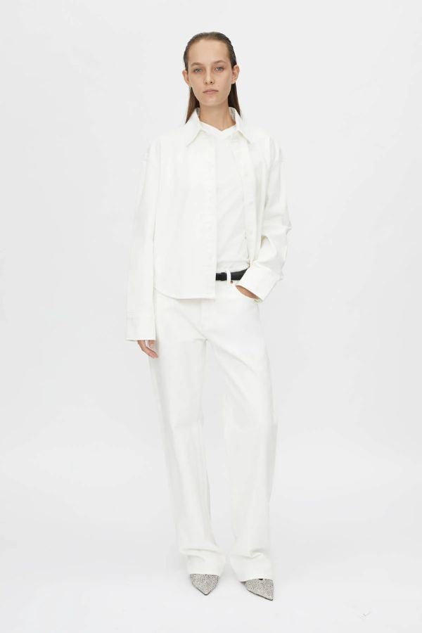 Eva Denim Shirt in Salt White by Camilla and Marc, a relaxed 100% cotton shirt with logo corozo buttons and embossed monogram. Perfect for chic layering.