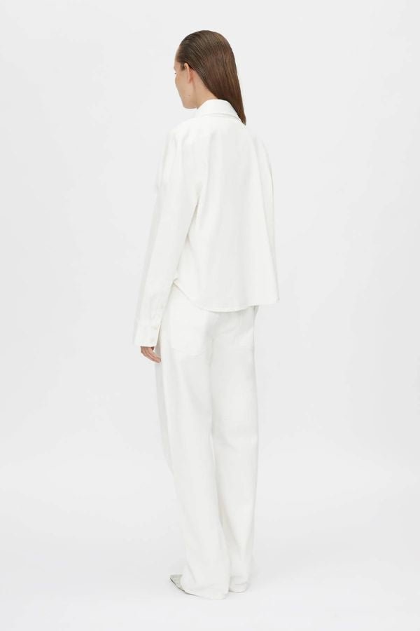 Eva Denim Shirt in Salt White by Camilla and Marc, a relaxed 100% cotton shirt with logo corozo buttons and embossed monogram. Perfect for chic layering.