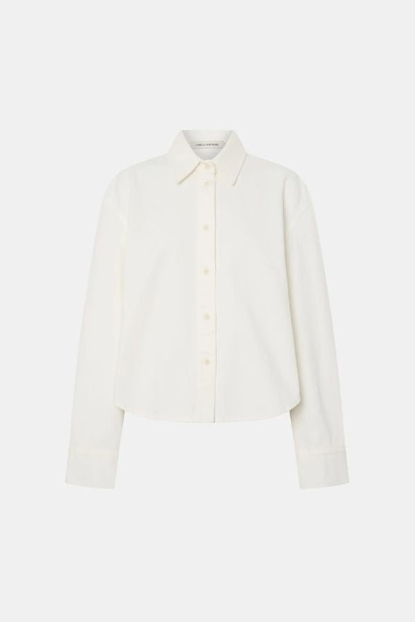 Eva Denim Shirt in Salt White by Camilla and Marc, a relaxed 100% cotton shirt with logo corozo buttons and embossed monogram. Perfect for chic layering.