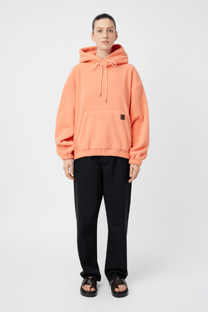 Gemma Polar Fleece Hoodie Flamingo by Camilla and Marc, cozy fleece with luxe leather patch and elastic trims for elevated streetwear appeal.