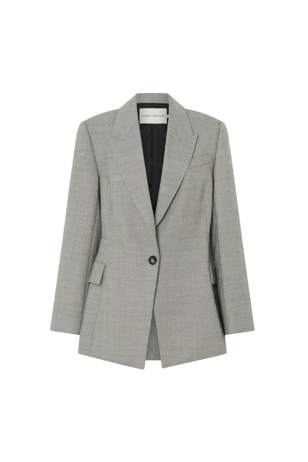 Ingram Blazer in Natural Marle by Camilla and Marc, slim-fit wool-blend blazer with padded shoulders and cinched waist, perfect for a polished, sophisticated look.