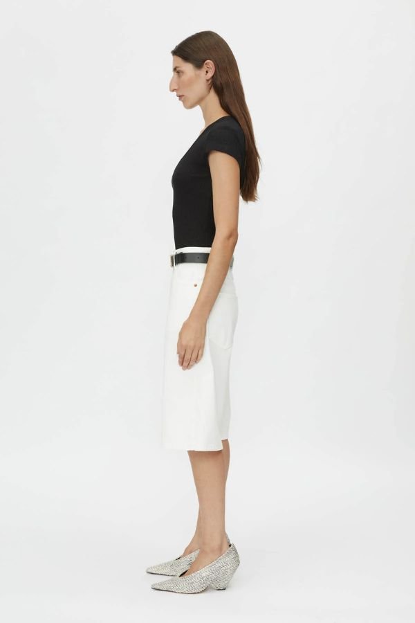 Jude Denim Short in Salt by Camilla and Marc, relaxed-fit Bermuda shorts with a wide-leg silhouette and five-pocket design, perfect for a polished yet casual look.