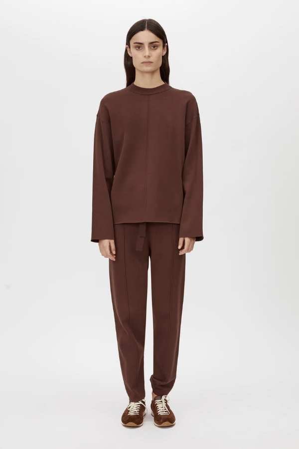 Lyndon Knit Pant Chocolate by Camilla and Marc, slim-leg knit pants with ribbed waistband and drawcords, pin stitch detail, perfect for polished casual looks.