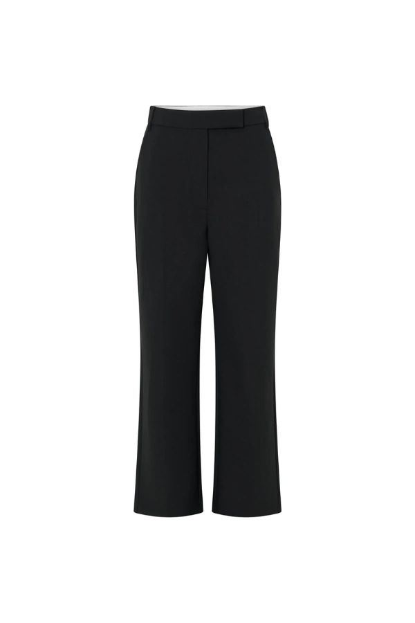 Mackinley Cropped Pant in Black by Camilla and Marc, high-waisted tailored pant with pressed creases and slant pockets, perfect for pairing with the matching blazer or casual separates.