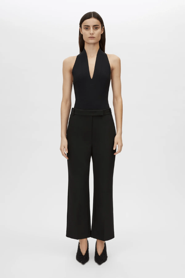 Mackinley Cropped Pant in Black by Camilla and Marc, high-waisted tailored pant with pressed creases and slant pockets, perfect for pairing with the matching blazer or casual separates.