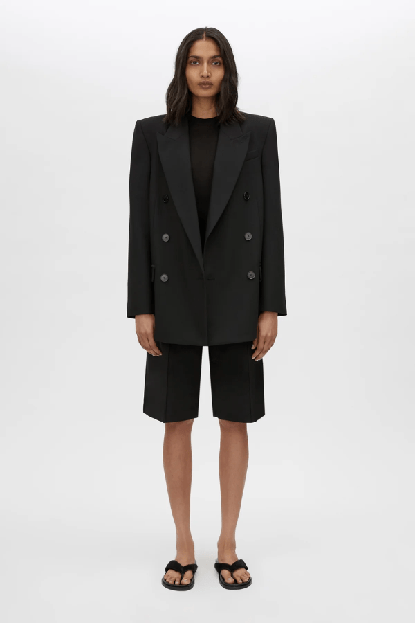Mackinley Double Breasted Blazer in Black by Camilla and Marc, tailored wool-blend blazer with peak lapels and shoulder pads, perfect for polished or casual looks.