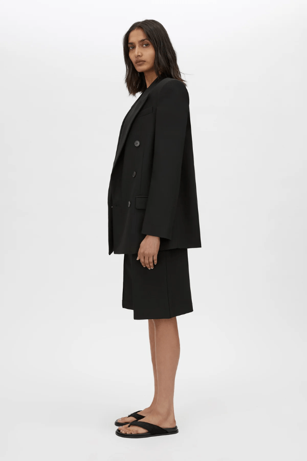 Mackinley Double Breasted Blazer in Black by Camilla and Marc, tailored wool-blend blazer with peak lapels and shoulder pads, perfect for polished or casual looks.