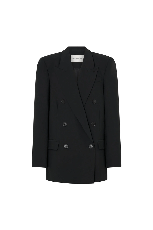 Mackinley Double Breasted Blazer in Black by Camilla and Marc, tailored wool-blend blazer with peak lapels and shoulder pads, perfect for polished or casual looks.