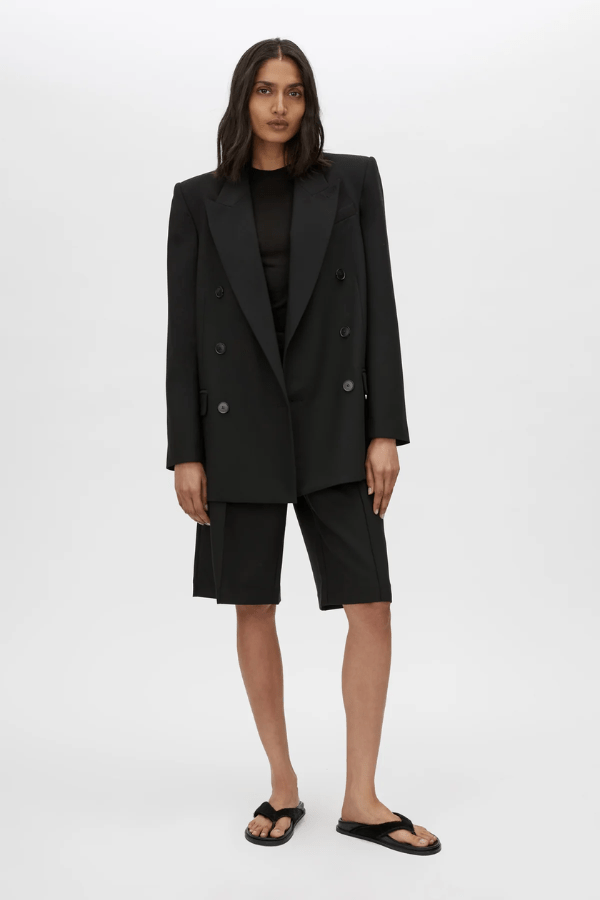 Mackinley Double Breasted Blazer in Black by Camilla and Marc, tailored wool-blend blazer with peak lapels and shoulder pads, perfect for polished or casual looks.