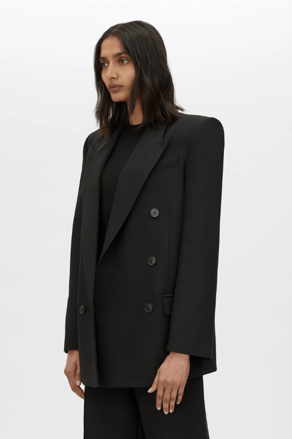Mackinley Double Breasted Blazer in Black by Camilla and Marc, tailored wool-blend blazer with peak lapels and shoulder pads, perfect for polished or casual looks.