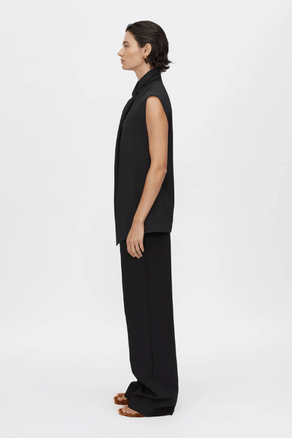 Oriole Twist Neck Top in Black by Camilla and Marc, twist neck design with button-loop closure, invisible zip at the back, fully lined for structure, crafted from 100% recycled polyester.