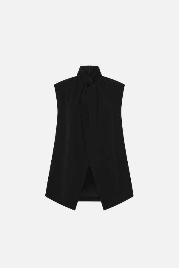 Oriole Twist Neck Top in Black by Camilla and Marc, twist neck design with button-loop closure, invisible zip at the back, fully lined for structure, crafted from 100% recycled polyester.