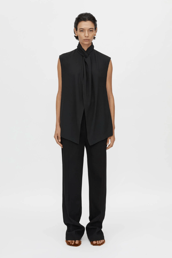 Oriole Twist Neck Top in Black by Camilla and Marc, twist neck design with button-loop closure, invisible zip at the back, fully lined for structure, crafted from 100% recycled polyester.
