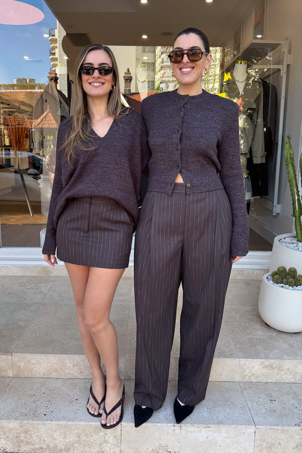Two women are posing in front of a store. The woman on the left is wearing a brown v-neck sweater and mini skirt paired with flip-flops, while the woman on the right is wearing a brown button-down cardigan and wide-leg pants with heeled shoes. Both are accessorized with sunglasses and earrings, and they both appear happy. A potted cactus is visible near the store entrance.