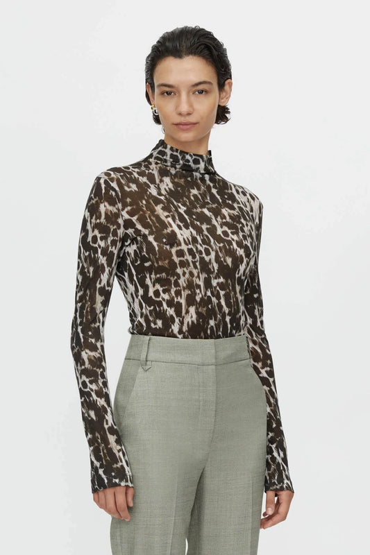 Camilla and Marc Plumage Long Sleeve Top in Choc, a sheer fitted top with a bold abstract print and high neckline for elevated layering.