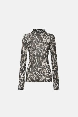 Camilla and Marc Plumage Long Sleeve Top in Choc, a sheer fitted top with a bold abstract print and high neckline for elevated layering.
