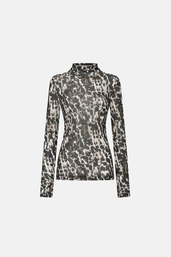 Camilla and Marc Plumage Long Sleeve Top in Choc, a sheer fitted top with a bold abstract print and high neckline for elevated layering.