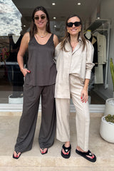 Camilla and Marc Tait Lounge Pant in Elm front view a relaxed tailored pant with deep pleats and fixed waistband