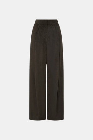 Tait Lounge Pant in Elm by Camilla and Marc, relaxed pant with deep pleats, slanted front pockets, back welt pockets, jigger button and hook-and-bar closure, crafted from 94% polyester and 6% elastane.