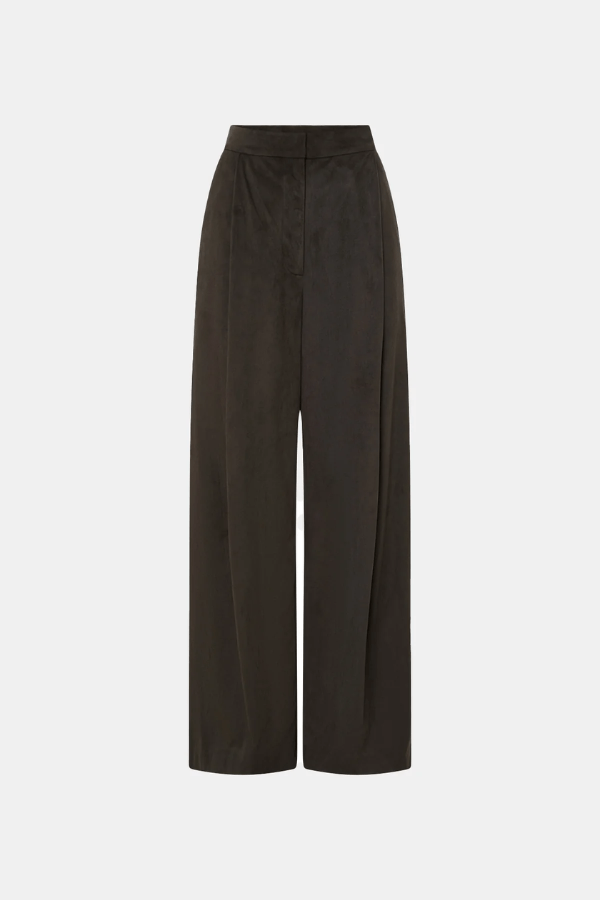 Tait Lounge Pant in Elm by Camilla and Marc, relaxed pant with deep pleats, slanted front pockets, back welt pockets, jigger button and hook-and-bar closure, crafted from 94% polyester and 6% elastane.