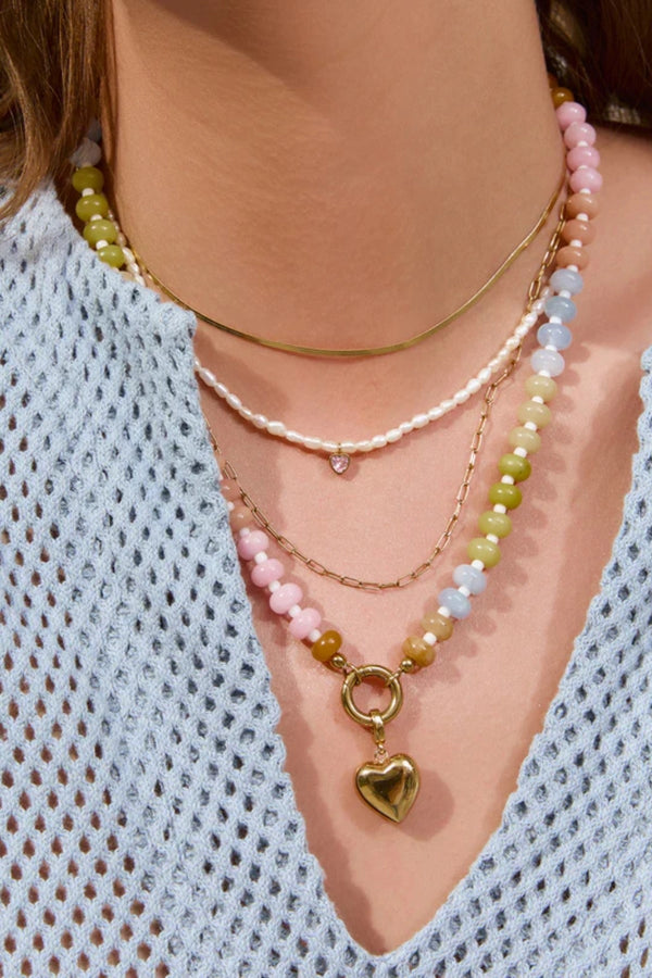 Candy Heart Necklace by Arms of Eve, playful beaded necklace with colourful charms and a golden heart pendant for a sweet, nostalgic statement