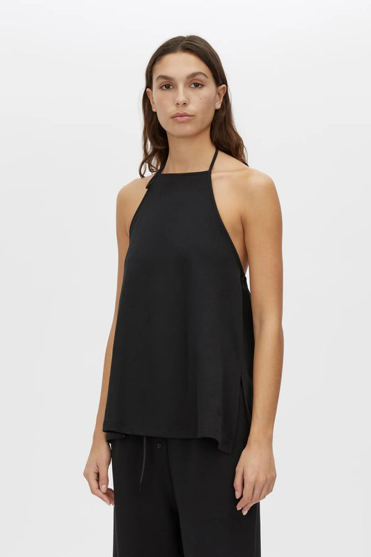Canova Apron Top by Camilla and Marc, a black jersey apron-style tank with tie-back straps, side splits and embroidered hem.