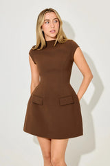 Cap Sleeve Mini Dress by Odd Muse, deep chocolate mini with high neck and cinched waist for polished day-to-night dressing.