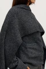 Cape Scarf Dark Heather Grey by Bayse – sculptural wool blend knit cape scarf for elevated cold weather layering.