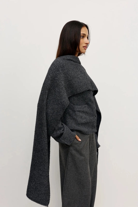 Cape Scarf Dark Heather Grey by Bayse – sculptural wool blend knit cape scarf for elevated cold weather layering.