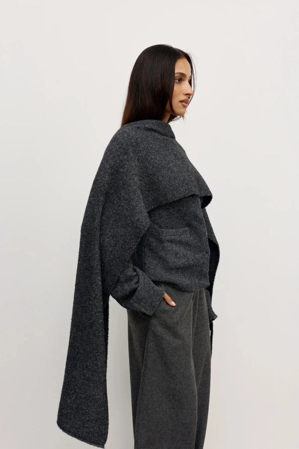 Cape Scarf Dark Heather Grey by Bayse – sculptural wool blend knit cape scarf for elevated cold weather layering.