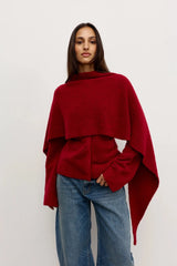 Cape Scarf Red by Bayse – sculptural wool blend knit cape scarf for elevated cold weather layering.