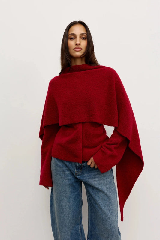 Cape Scarf Red by Bayse – sculptural wool blend knit cape scarf for elevated cold weather layering.