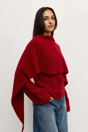 Cape Scarf Red by Bayse – sculptural wool blend knit cape scarf for elevated cold weather layering.