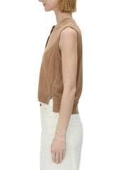 Cardinal Sleeveless Knit Cardigan Tan by Camilla and Marc, cropped cotton-blend vest with side splits, a versatile trendy piece perfect for layering and transeasonal wear.
