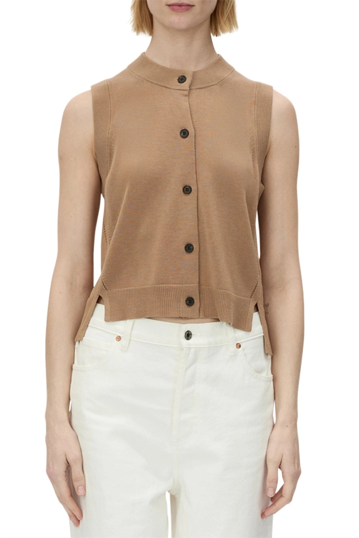 Cardinal Sleeveless Knit Cardigan Tan by Camilla and Marc, cropped cotton-blend vest with side splits, a versatile trendy piece perfect for layering and transeasonal wear.