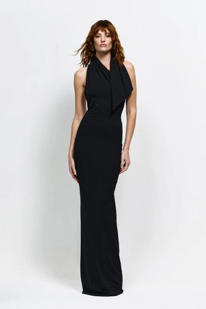 Carlson Gown in Black by Effie Kats, asymmetrical neckline with draped bodice and dramatic open back, perfect for making a refined and elegant statement at evening events or formal occasions.
